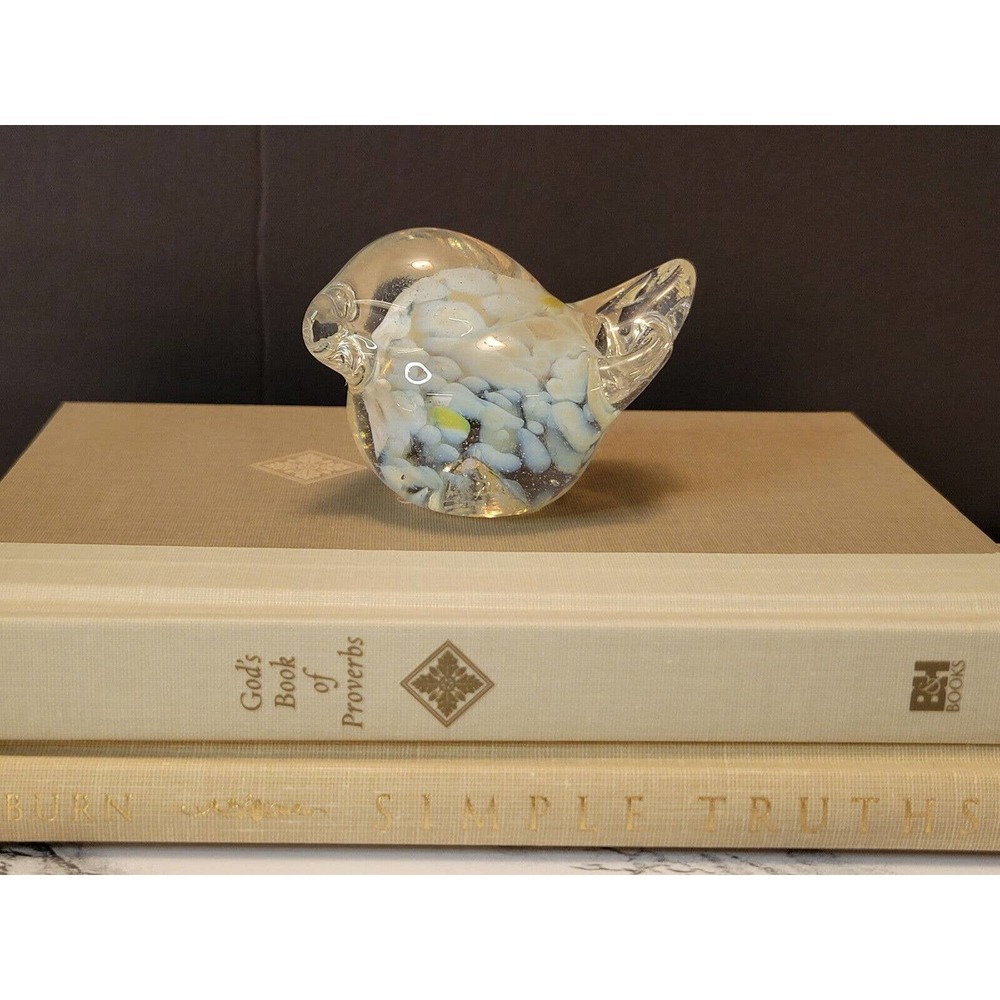 Art Glass Nesting Bird Blown Glass W Pale Yellow & Blue Splash